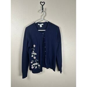 Y2K Melrose Chic Cardigan Sweater Size Medium Navy Embroidered Flowers Preppy